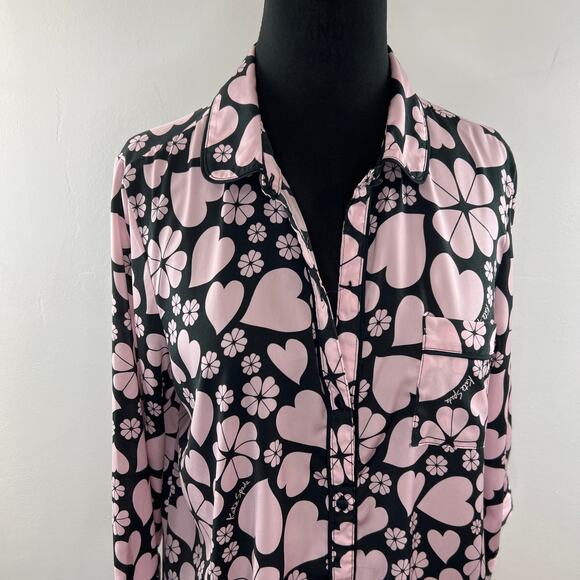 KATE SPADE Black Pink Top Clover Hearts Print Collared PJ Button-Up Medium M - Picture 3 of 11